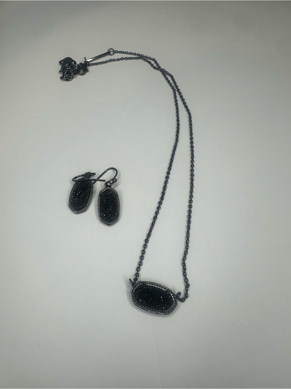 Kendra Scott Black Druzy Pendant Necklace with Matching Drop Earrings